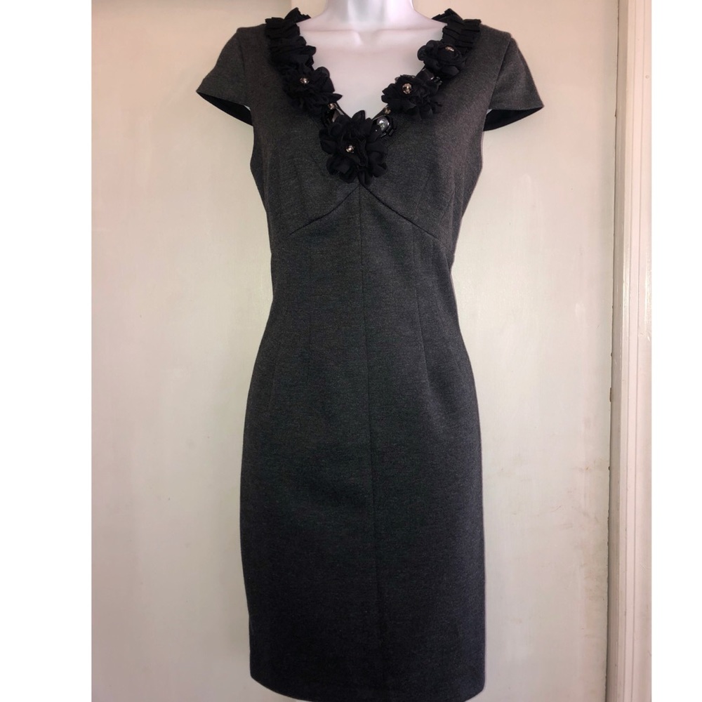TAYLOR 4 Grey Sheath Dress with Floral Neckline